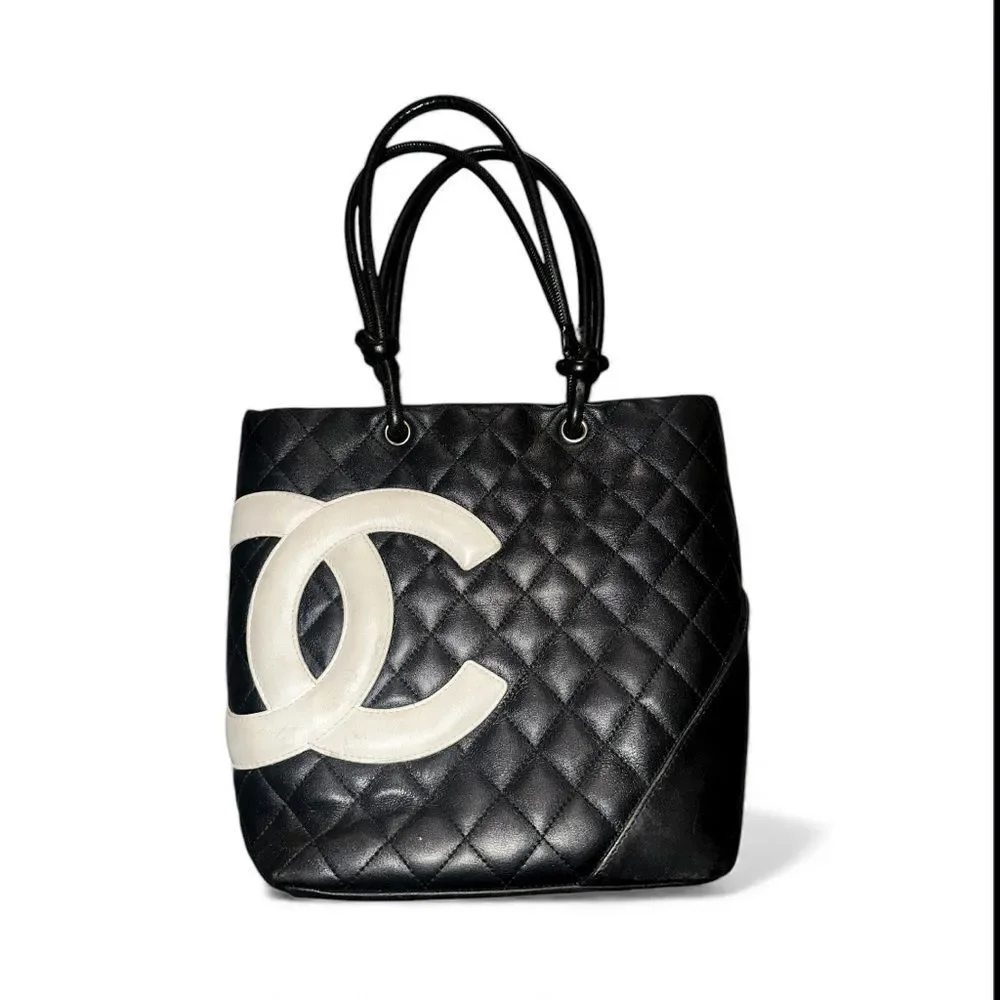 CHANEL Cambon Black and Cream Quilted Tote with pink interior